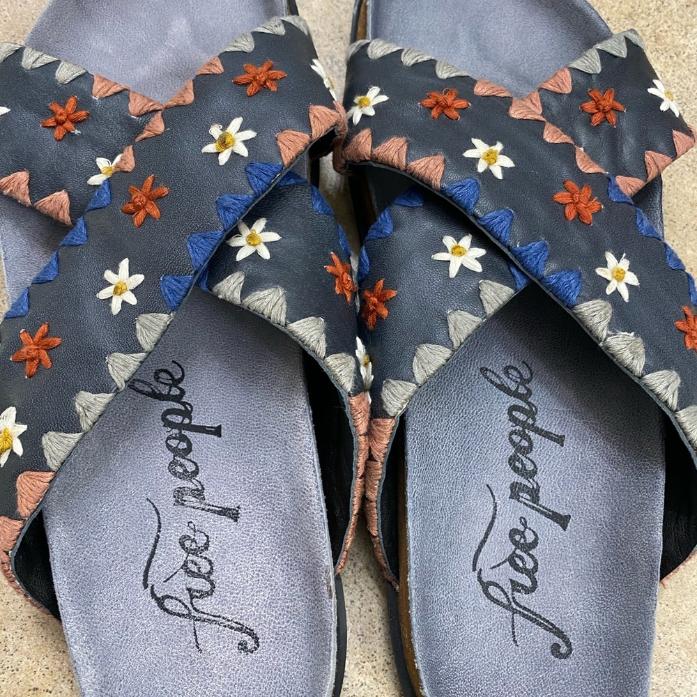 Free People Black and Blue Sandals Floral Slip-On